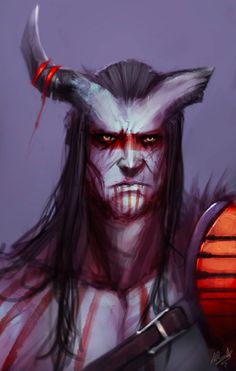 an evil looking man with horns on his head and red eyes holding a large knife