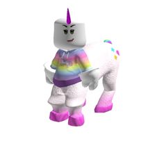 a small white unicorn with a rainbow shirt and pink shoes is standing in the air