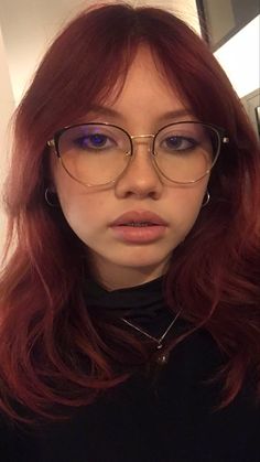 Glasses With Red Hair, Half Frame Glasses Women, Nose Piercing Glasses, Nose Piercing With Glasses, Red Glasses Aesthetic, Red Hair Glasses, Red Hair And Glasses, Cherry Coke Hair, Bangs And Glasses