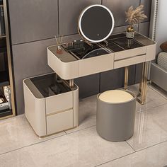 a dressing table with mirror and stools in a room that looks like it could be used for makeup