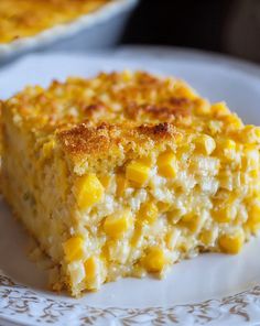 a piece of corn casserole on a plate