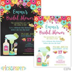 two different bridal shower party cards with flowers and drinks on the front, one is for