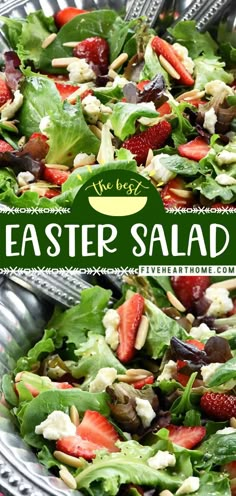 a salad with strawberries and nuts in it on a metal platter that says, easter salad