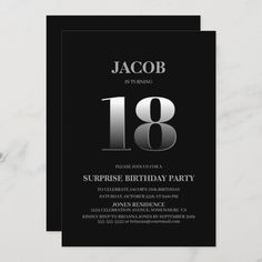 Minimalist Black and Silver Surprise 18th Birthday Invitation 18th Birthday Surprise, 18th Birthday Invites, 18th Birthday Invitation, 98th Birthday, Boy Party Invitations, Surprise Birthday Invitations, Eighteenth Birthday, Surprise Birthday Party, Boy Birthday Invitations