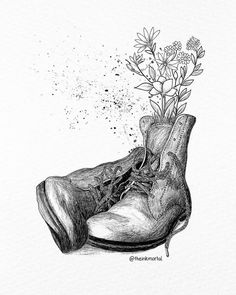 a drawing of a pair of shoes with flowers growing out of the boot's soles