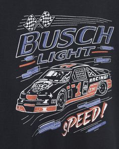 Racers start your engines.... And get ready to race to this tee. Our Busch Light Speed Flea Market Tee is the one for you. Made out of 100% heavyweight cotton for that real vintage feel. Featuring an impressive vintage inspired race car graphic on the front of this shirt, that really shows it's need for speed. Don't miss out on this tee! Shop the rest of our Busch Collection HERE and Shop the rest of our Pop Culture Collection HERE. Black Beer, Busch Light, Ready To Race, Light Speed, Cars Tees, Car Shirts, Vintage Race Car, Graphic Tshirt Design, Racing Shirts