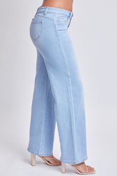 Feel easy, breezy, and booty-full in our y2k-inspired Women’s WannaBettaButt Low Rise Wide Leg Jeans made with Recycled Fibers. Part of our famous WBB collection, this denim jean features our signature heart-shaped stitching and perfectly placed pockets for a fit that makes your booty look lifted and firmer. Stretchy midweight denim shapes this sexy low-waisted fit, and the wide-leg cut creates a long-legged look. Bonus, these pants are partially made from recycled plastic bottles – so they’re b Low Rise Wide Leg Jeans, Ymi Jeans, L And Light, Low Waisted, Easy Breezy, Light Blue Color, Recycle Plastic Bottles, Cut Jeans, Denim Jean