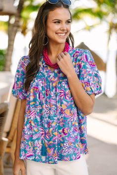 shop the mint, boutique clothing for women, trendy online boutique Summer Items, Blue Floral Blouse, Mint Julep Boutique, Go Blue, Model Fits, Fun Earrings, Personal Marketing, Floral Blouse, Love A