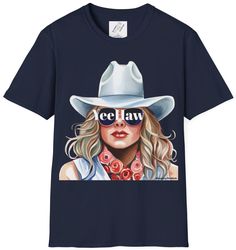 Unisex. YeeHaw Painting of a blonde cowgirl with a big cowgirl hat. Perfect as gift for a cowboy, cowgirl, western lover, horse rider, farm lover, ranch lover, or for yourself. Also, perfect to order in different sizes for a family photoshoot, birthday photos, holiday photos, Western photos, party photos, or friends photoshoot. Soft style t-shirt made from very soft materials. The shoulders have twill tape for improved durability (so soft that it's not noticeable or felt when wearing). No side seams. The collar is made with ribbed knitting to prevent curling damage. - Ring-spun cotton ethically grown and harvested in the United States - Heather colors and sports grey include polyester * Solid Colors: 100% ring-spun Cotton * Fabric blends: Heather colors: 35% ring-spun cotton, 65% polyester Fitted Western Style T-shirt For Summer, Western Style Screen Print Tops For Summer, Relaxed Fit Summer T-shirt For Rodeo, Western Style Graphic Print Shirt For Summer, Western Style Graphic Print Summer Top, Western Style Graphic Print Tops For Summer, Blue Shirt For Summer Rodeo, Western Tops With Graphic Print For Summer, Blue Summer Shirt For Rodeo