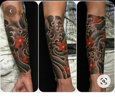 the arm is decorated with red flowers and black swirls on grey ink, while the other half sleeve has an orange flower in it