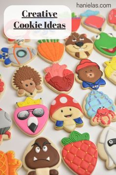 an assortment of decorated cookies with the words creative cookie ideas on top and below it