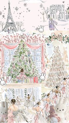 an illustration of a christmas tree and some teddy bears