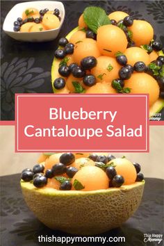 blueberry cantaloupe salad in a melon bowl