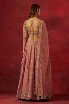 Dusty pink chanderi silk woven lehenga with an attached cancan, hand embroidered floral buttis with aari, sequins and cutdana. Comes with matching embroidered padded net blouse and  scalloped work dupatta. - Aza Fashions Festive Pink Raw Silk Pre-draped Saree, Elegant Pink Chanderi Choli, Pink Raw Silk Saree For Reception, Pink Raw Silk Pre-draped Saree With Resham Embroidery, Reception Pink Raw Silk Saree, Pink Tissue Silk Choli With Resham Embroidery, Pink Chanderi Sharara For Reception, Pink Silk Traditional Wear For Reception, Pink Raw Silk Pre-draped Saree With Dupatta