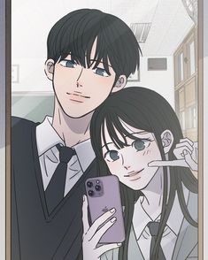 an anime poster with two people looking at their cell phones and the caption reads,