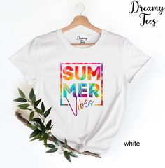 "Summer Vibes Shirt, Beach Shirt, Vacation Shirt, Women's Summer Shirt, Vacay Shirt, Summer Camp Shirt, Lake Shirt, Tye Dye Print --- SIZING AND COLOR --- Listing photos contain colors and measurements for both women's v-neck and unisex crew neck shirts. Please be careful of which style you select from the drop down menu and double-check your measurements to make sure you order the proper size all since we do not offer returns/exchanges. We make each shirt to order and all sales are final. *Widt Summer Camp Shirt, Tye Dye Print, 40th Birthday Shirts, 50th Birthday Shirts, Camp Shirt, Beach Shirt, Vacation Shirts, Beach Shirts, Crew Neck Shirt