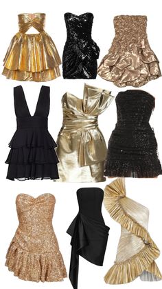 Gold New Years Dress, Under The Stars Dress Ideas, Hollywood Dance Theme Dress, New Years Party Dress, 70s Homecoming, Black And Gold Party Outfit, Stockholm Style Dress, 21st Birthday Dress Ideas, Newyearseve Outfit