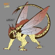 a drawing of a yellow and red dragon with the words locust on it's chest