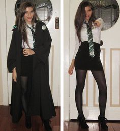 two pictures of a woman dressed up as harry potter