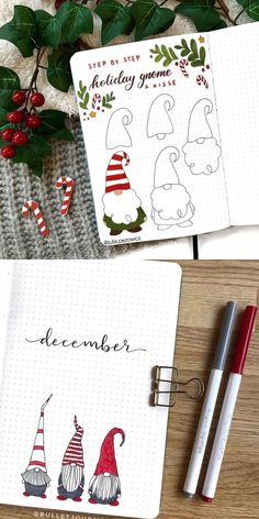 two christmas planner pages with holiday gnomes on them