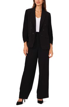 This polished blazer is designed in a double-breasted silhouette with peaked lapels and six-button cuffs. 27" length (size Medium) Peaked lapels Six-button cuffs Lined 63% polyester, 33% rayon, 4% spandex Dry clean Imported Semi-formal Notch Lapel Pantsuit With Button Closure, Tailored Button-up Blazer For Career, Fall Formal Pantsuit With Double Button Closure, Fall Single-breasted Pantsuit For Career, Classic Structured Pantsuit For Work, Fall Business Pantsuit With Double Button Closure, Office Pantsuit With Button Closure And Suit Collar, Tailored Pantsuit With Button Closure For Office Wear, Long Sleeve Pantsuit With Button Closure For Business