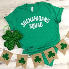 Shenanigan Influencer Shirt, Saint Patty Day Lucky T-Shirt, Shamrock Tee, Green Ireland Shirt Matching St Patricks Shenanigans Day Shirts This Bella Canvas Unisex T-shirt fits like a well-loved favorite. Super soft cotton and excellent quality print make one fall in love with it over and over again. Sizing is UNISEX. It will fit true to size for men, and a little more loosely and longer than your typical women's tee (great for wearing with leggings). Please size down if you prefer a more fitted look or if you are worried about it running small then size up. Please see the images for the size chart, and please don't hesitate to message me with any questions.  Want this design on a different style or color of shirt? Message me and I'd love to make it happen 😀 Please refer to the delivery in Shamrock Shirt, Lucky Shirt, St Paddys Day, St Patrick Day Shirts, St Paddy, Paddys Day, Drinking Shirts, St Pattys Day, Solid Color Shirt