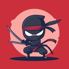 a cartoon ninja character with two swords in his hands and one eye closed, while the other