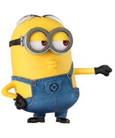 a minion in overalls pointing at something with one hand and two eyes on the other