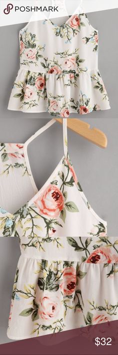 Rose Cluster Print Peplum Racerback Cami Adorable floral print lightweight racerback top. Strapped with a slight peplum. Tops Camisoles White Floral Print Tank Top For Brunch, Peplum Tops, Racerback Top, Floral Peplum, Spring Tops, Large Bust, Small Bust, Summer Tops, Runway Fashion