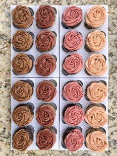 cupcakes with pink and brown frosting in a box