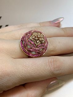 Luxury Diamond Flower Ring, Luxury Yellow Gold Flower Ring With Gemstone, Luxury Flower Ring With Rose Cut Diamonds, Luxury 14k Gold Flower Ring, Luxury Multi-stone Rose Gold Ring, Luxury 14k Gold Flower Ring With Rose Cut Diamonds, Luxury Flower-shaped Ring With Rose Cut Diamonds, Luxury Pink Gold Ruby Ring, Luxury Yellow Gold Flower Ring With Rose Cut Diamonds