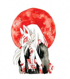 Japan Kimono, White Hair, Illustration Print, Watercolor Illustration, Mask, Moon, Japan, Red, Hair