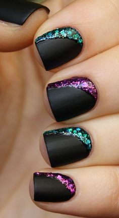 Start with a matte black base coat and add an accent of glitter . . so pretty! #nails #nailart Valentine Nails, Pink Nail, Cool Nail Designs, Fancy Nails, Creative Nails