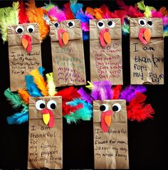 some paper bags decorated with turkeys and feathers