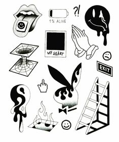 black and white drawing of various symbols