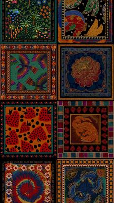 an assortment of different colored pictures with animals and flowers on them, all in squares