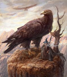 a painting of an eagle standing on top of a mountain next to a man with a hat