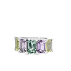 18kt white gold multi colour sapphire 5 stone ring. The ring features all natural emerald cut sapphires. The colours are green, pink and yellow. The ring features 5.52cts total weight of sapphires. Product: Ring Material: 18kt White Gold Gemstone: Sapphires ﻿Gemstone Carat: ﻿ 4.88ct