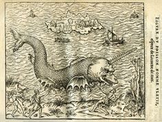 an old book with a drawing of a dragon and other animals in the water on it