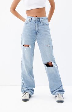 Make a bold statement this season with PacSun's Light Indigo Ripped '90s Boyfriend Jeans. These laidback jeans feature a high-rise fit, rigid denim construction, and ripped details throughout, while the longer stacked inseam and baggy leg bring some added comfort to the fit.Model #1 is wearing a size 26 / Model measurements: 5’7” height, 30” bust, 23” waist, 33” hipModel #2 is wearing a size 29 / Model measurements: 5’7” height, 34” bust, 29” waist, 36” hipsLearn more about PacSun eco items PacSun Womens Light Indigo Ripped '90s Boyfriend Jeans - Blue size 23 Pacsun Eco Light Blue '90s Boyfriend Jeans, Cute Jeans For School, Individual Clothing Pieces, Ripoed Jeans, Ripped Baggy Jeans Outfit, Pacsun Outfits, Womans Jeans, Ripped Baggy Jeans