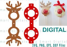 two reindeer lollipop toppers with red bows and glitter antlers on them