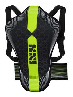 the back of a black and yellow body protector