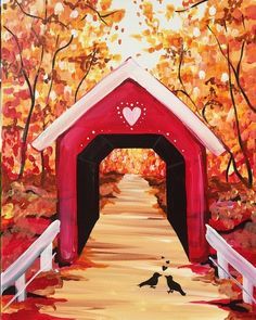 a painting of a red covered bridge with two birds on the path leading to it