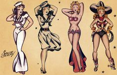 three pin - up girls are standing next to each other