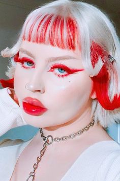 Edited by Airbrush White hair inspiration #AirBrush #photoeditor #retouch #filter #aesthetic #whitehair #white #redhair #hairstyles #hair #egirl Gray And White Hair, White Red Hair, White Hair With Red Tips, Red White Hair, Red And White Hair, Red Hair Tips, Red Eye Makeup, Red Streaks