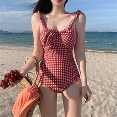 Swimsuit Aesthetic, Red Bathing Suits, Red One Piece, Bandeau One Piece Swimsuit, Middle Age Fashion, Red Swimsuit, Costume Intero, Y2k Outfits, Korea Fashion