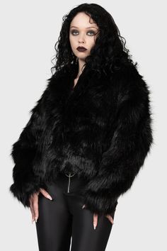 NIGHTMARE NEMESIS.- Statement faux fur coat.- Super soft.- Cropped.- Hook and eye closure.- Fitted.With KILLSTAR branding, Fabric 1: 59% Acrylic 41% Polyester, Fabric 2: 100% Polyester. Do not wash / Do not bleach / Do not tumble dry /Do not Iron / Dry clean. Imported. Cropped Fur Jacket, Black Fur Jacket, Cropped Outfits, Gothic Coat, Black Fur Coat, Black Label Society, Black Faux Fur Jacket, Gas Monkey Garage, Fur Trim Coat