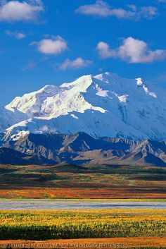 the mountains are covered in snow and fall colored grass, with an orange field below