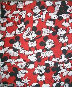 the mickey mouse pattern is red with black and white characters on it, all over