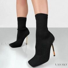 Lasaky - Slim-Fitting Heel Boots with Flared Calves and Ruffled Accents Fitted Ankle Strap Boots For Fall, Casual Fitted Heels With Square Toe, Casual Square Toe Heels, Chic High Heels, Elastic Boots, Leather Snow Boots, Stretch Boots, Sock Booties, Short Leather Boots